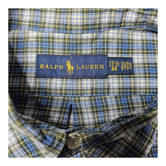 Ralph Lauren Men's 17.5 44 Blue Green Plaid Button Down Shirt Classic Fit Logo - Picture 8 of 9